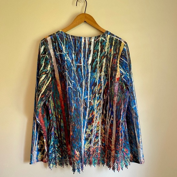 FDJ Colourful Abstract Women's Long Sleeve Top Fringe Hem - Picture 2 of 4